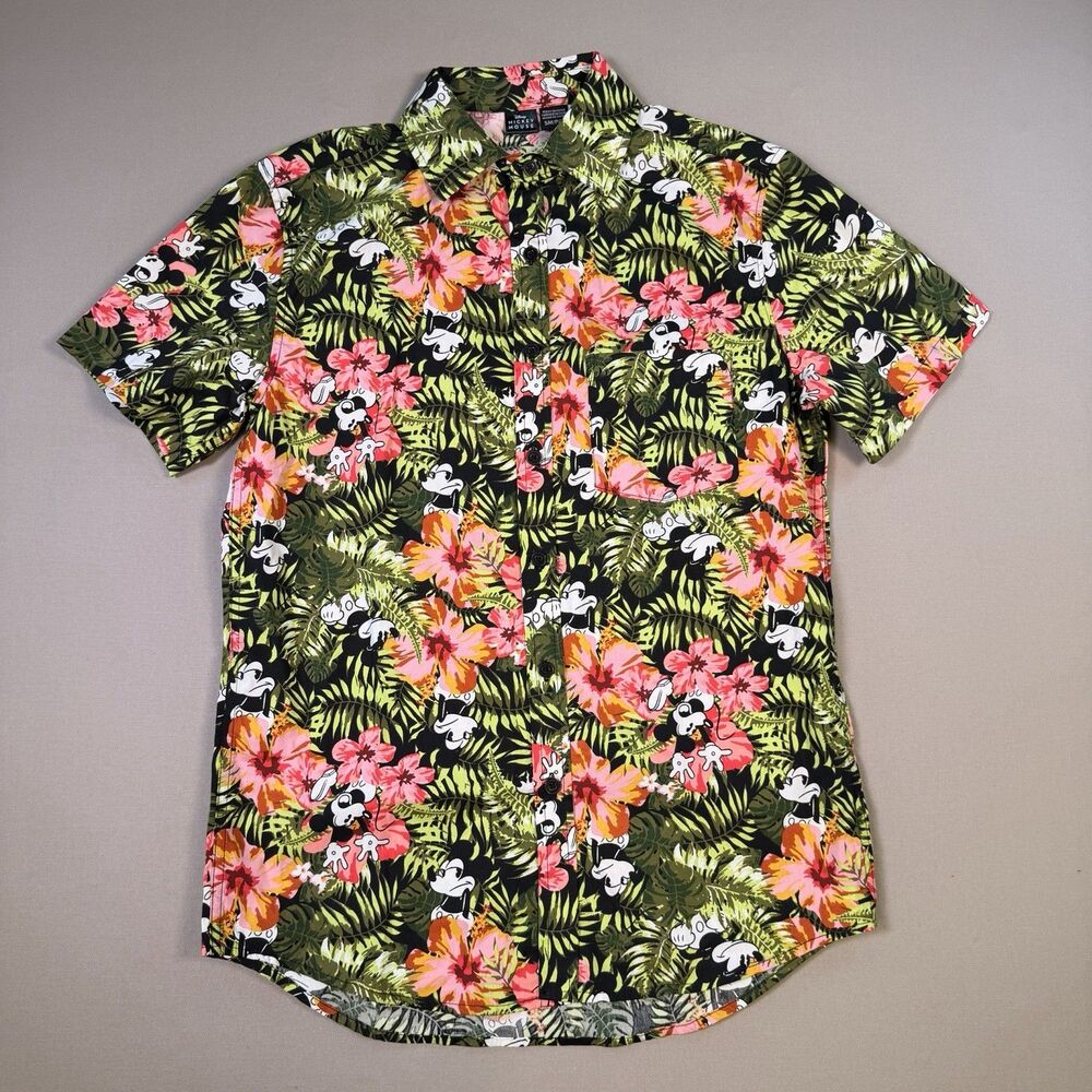 Disney Mickey Mouse Hawaiian Shirt Mens Small Floral Button Up Short Sleeve